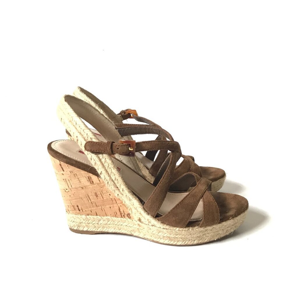 Prada Suede Cork Wedge Heels Sandals Womens 37 7 Brown Tan Platform Buckle Shoes